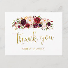 Postal Boho Burgundy Floral Boda Gracias