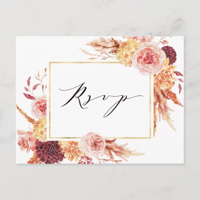 Postal Boho Burgundy Flores de Terracota Boda RSVP (Anverso)