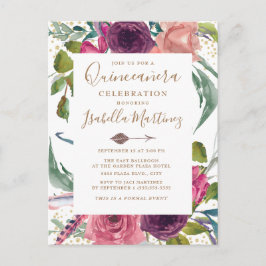 Postal Boho Burgundy Rubor Pink Floral Quinceañera