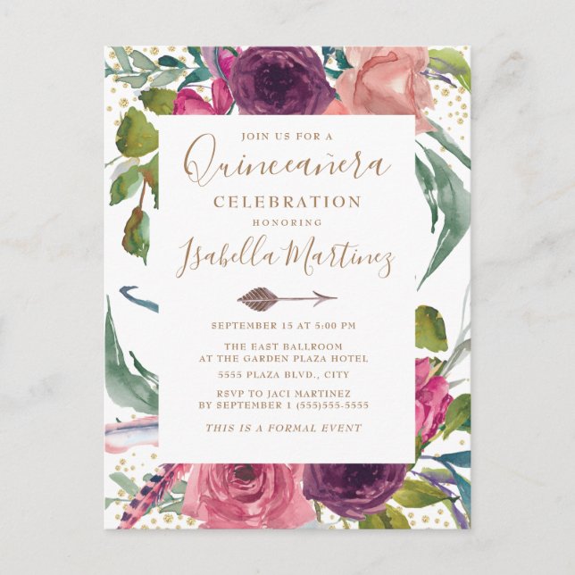 Postal Boho Burgundy Rubor Pink Floral Quinceañera (Anverso)