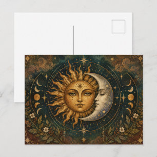 Postal Boho Celestial Sol y Luna Oscuro Hippie