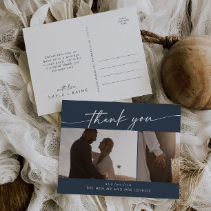 Postal Boho Chic Agradecimiento de Foto de Boda Azul Mari