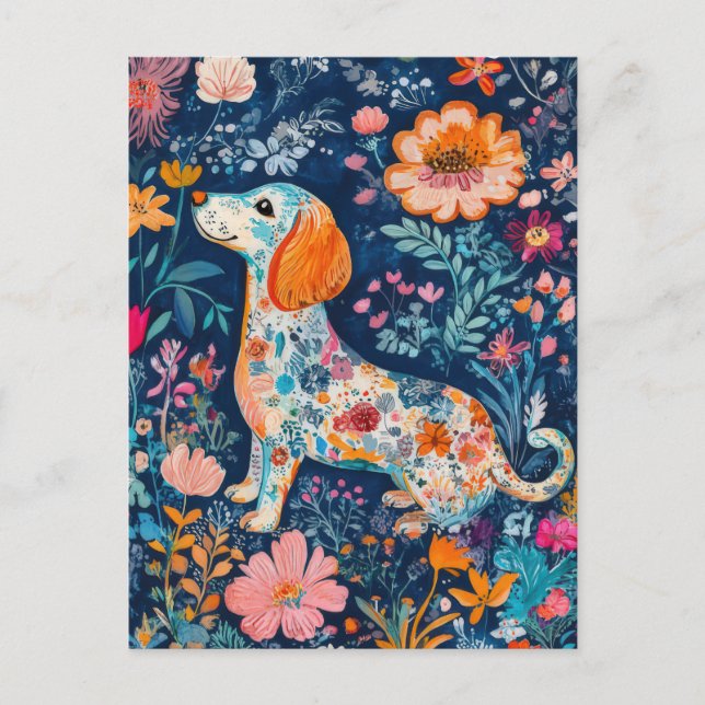 Postal Boho Dackel mit Blumen (Anverso)