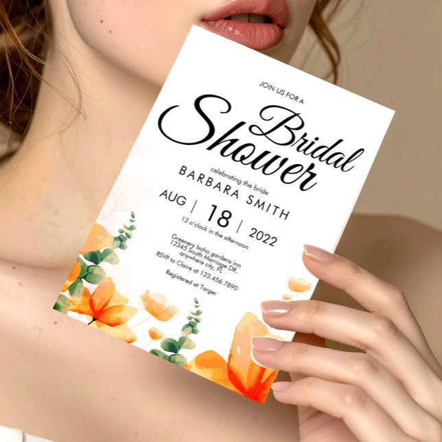 Postal Boho Elegant wildflower floral novia ducha (Elegant Orange Floral Bridal Shower Invitation Postcard, Bridal Shower Floral)