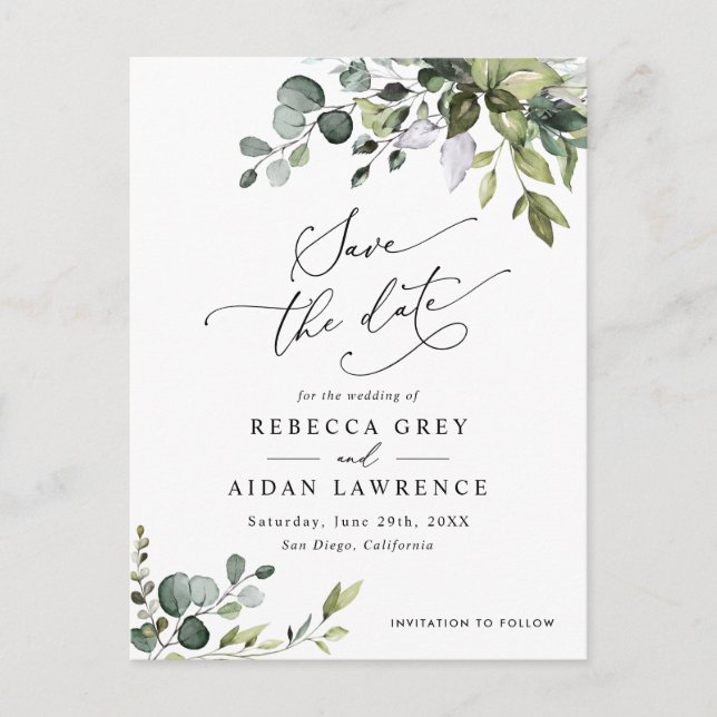 Postal Boho Eucalyptus Greenery Wedding Save the Date (Anverso)