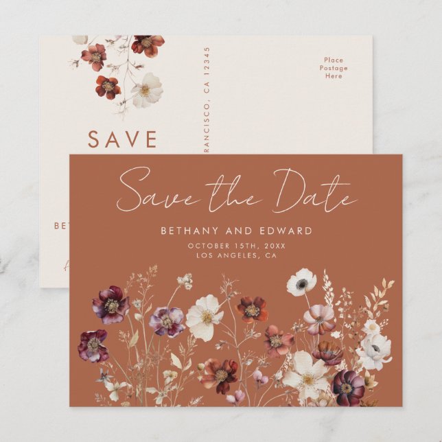 Postal Boho Fall Wildflower Wedding Save the Date (Anverso / Reverso)