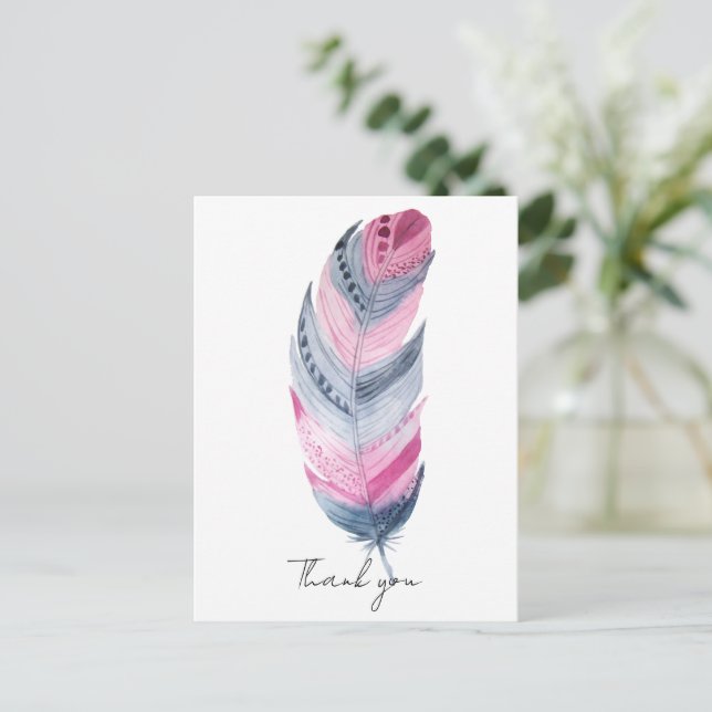 Postal Boho Feather Pink Gray Watercolor Gracias (Anverso de pie)