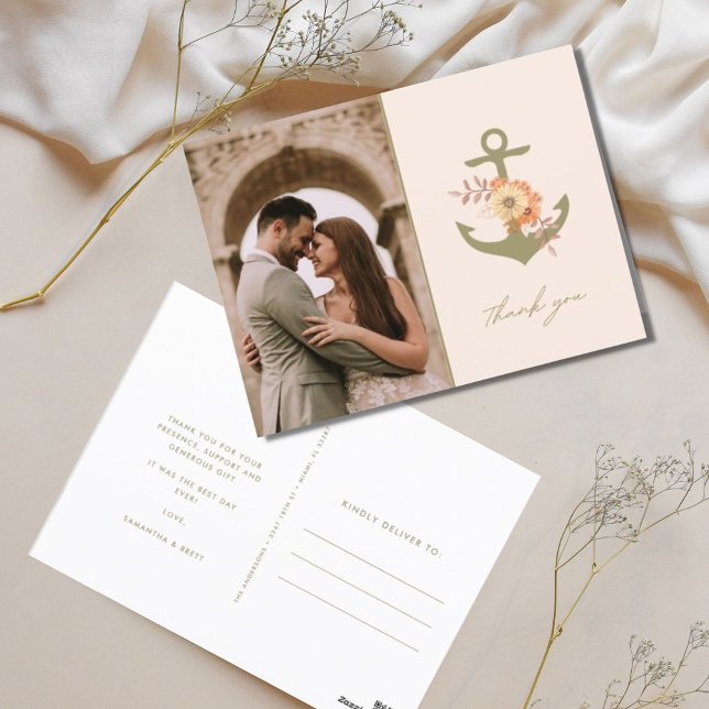 Postal Boho Floral Anchor Boda Foto Gracias (Boho Nautical Photo Wedding Thank You Postcards)