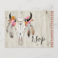 Boho Floral Antler Skull Rustic Wood RSVP Boda