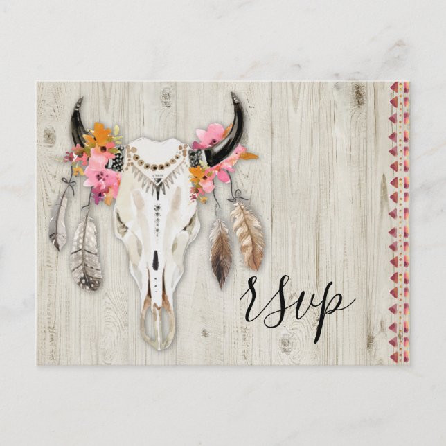 Postal Boho Floral Antler Skull Rustic Wood RSVP Boda (Anverso)