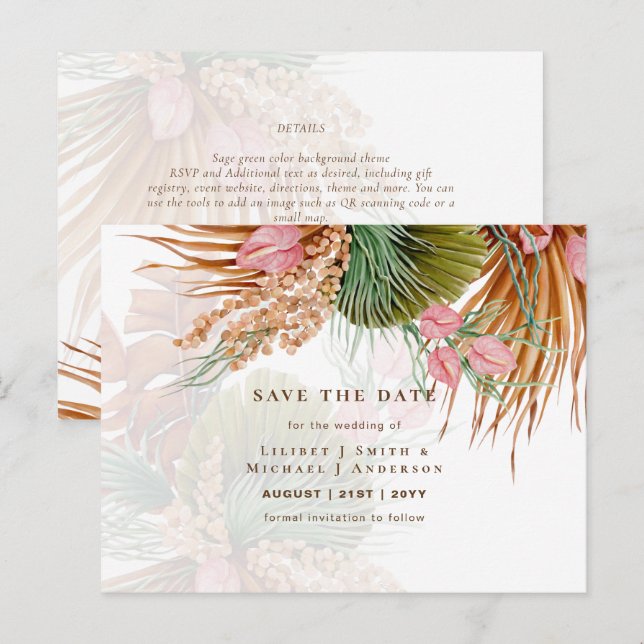 Postal BOHO Floral de hierba de Pampas para Boda Save The (Anverso / Reverso)