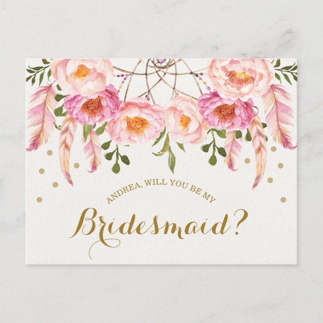 Postal Boho Floral Dreamcatcher Be My Bridesmaid Card (Anverso)