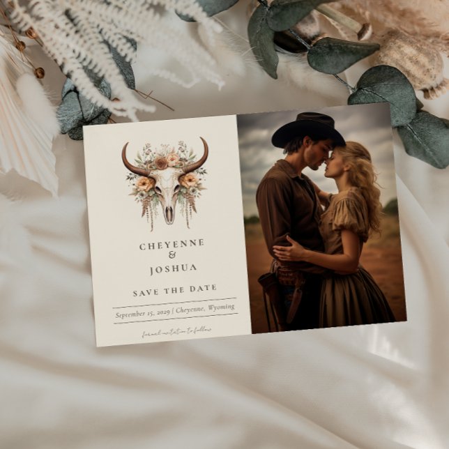 Postal Boho Floral Skull Western Wedding Save the Date (Subido por el creador)