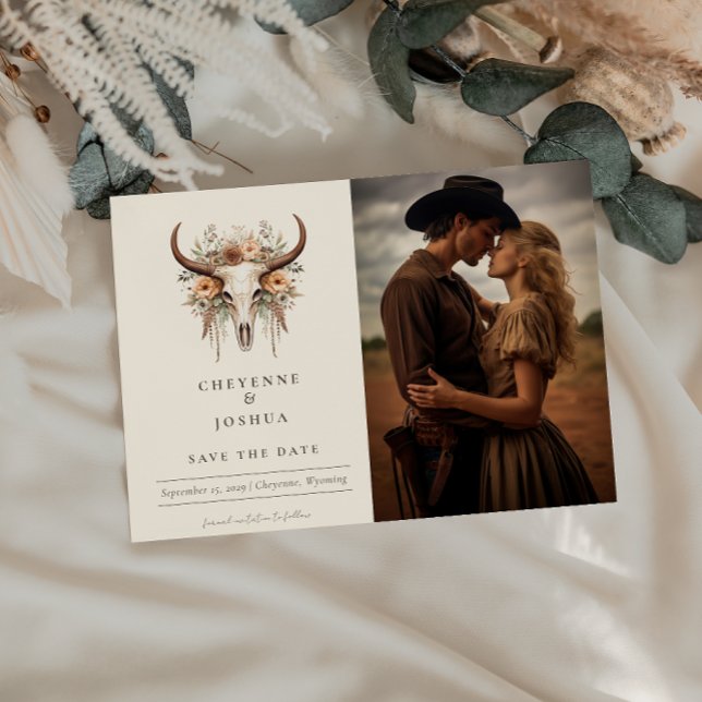 Postal Boho Floral Skull Western Wedding Save the Date (Subido por el creador)