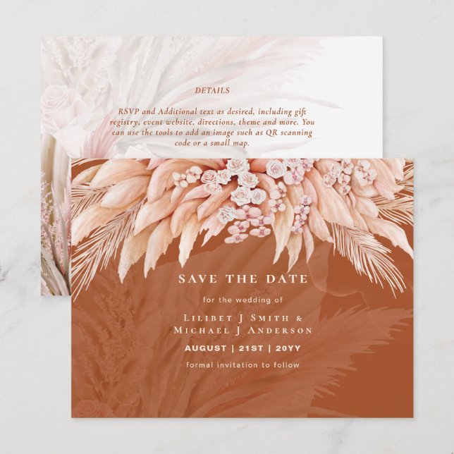 Postal BOHO Hierba de Pampas Floral Boda Guardar la Fecha (Anverso / Reverso)
