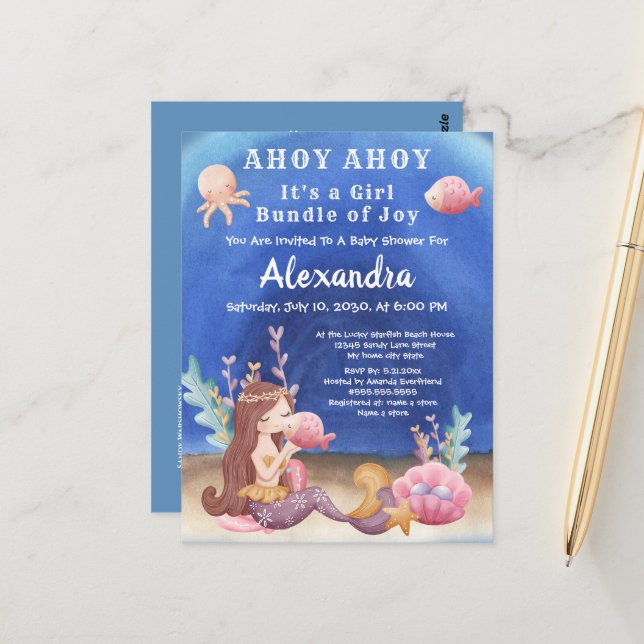 Postal Boho Mermaid, Chica rosado de peces tropicales Bab (Anverso/Reverso In Situ)