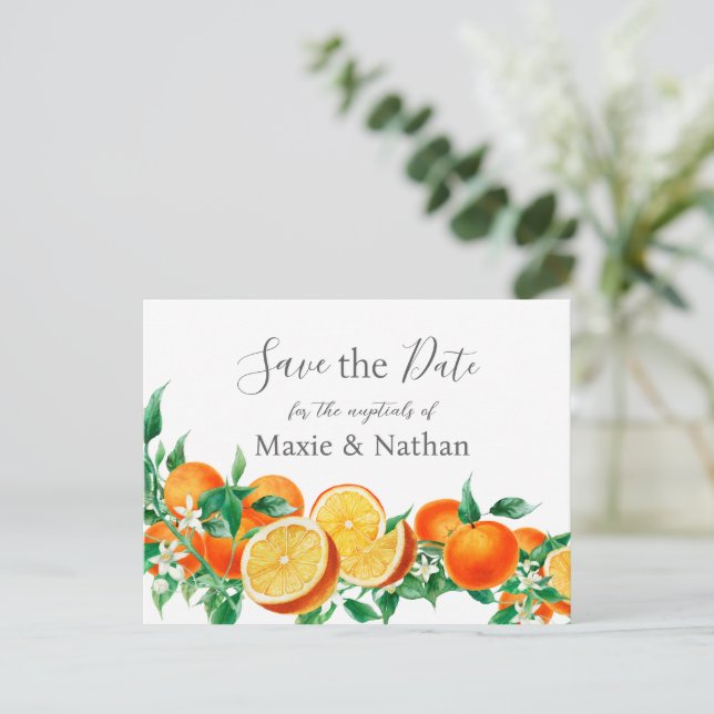 Postal Boho Naranja Blossom Save the Date (Anverso de pie)