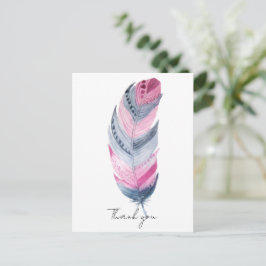Postal Boho Pluma Rosa Gris Acuarela Gracias