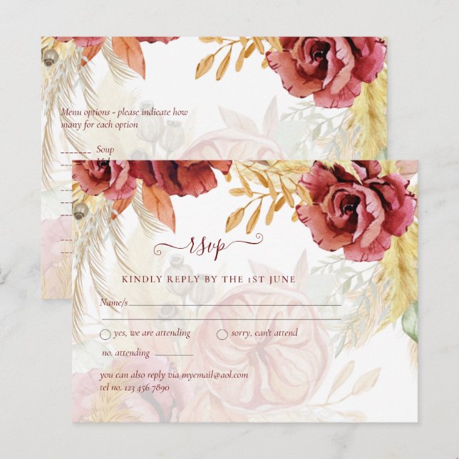 Postal BOHO Rosa Borgoña Boda de Grass Pampas (Anverso / Reverso)