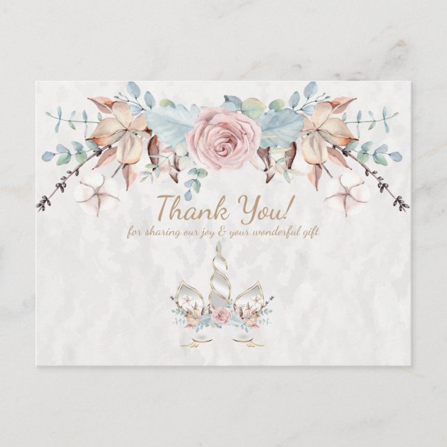 Postal Boho Rústico Floral Bosque Unicornio Gracias (Anverso)