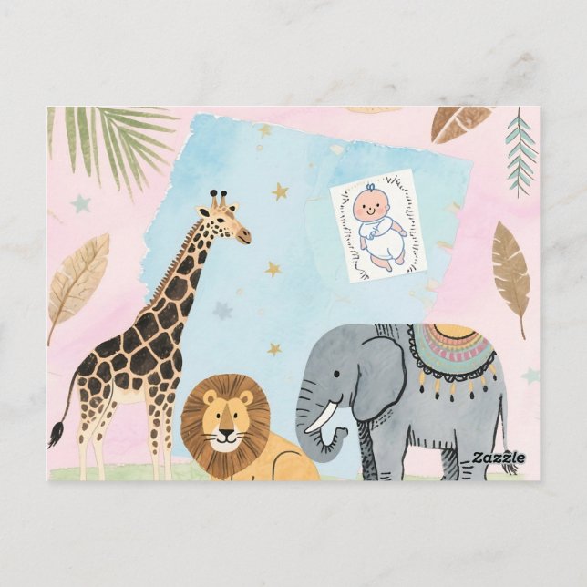 Postal Boho Safari Baby Shower Invite - Pastel Animals (Reverso)