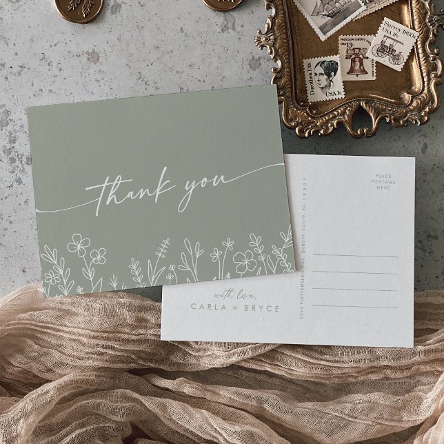 Postal Boho Sage Green Wildflower Wedding Thank You (Subido por el creador)