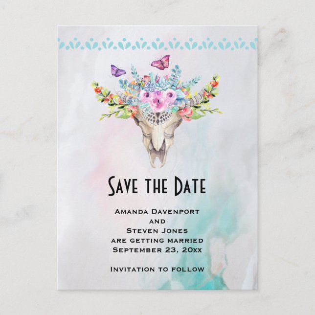 Postal Boho Skull con un Bouquet floral Salven la fecha (Anverso)