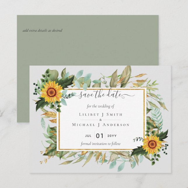 Postal Boho Sunflower Sage Greenery Boda (Anverso / Reverso)