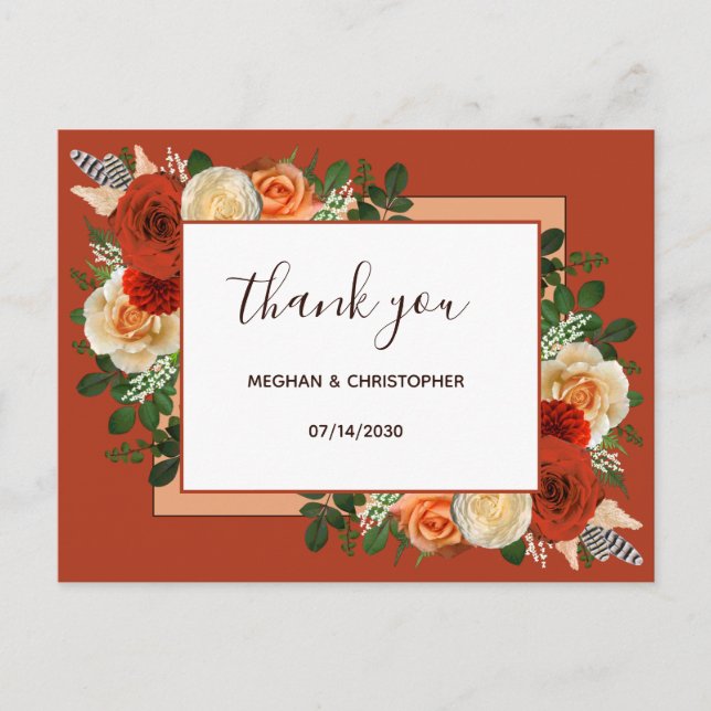 Postal Boho Terracotta Rust Floral Boda Gracias (Anverso)