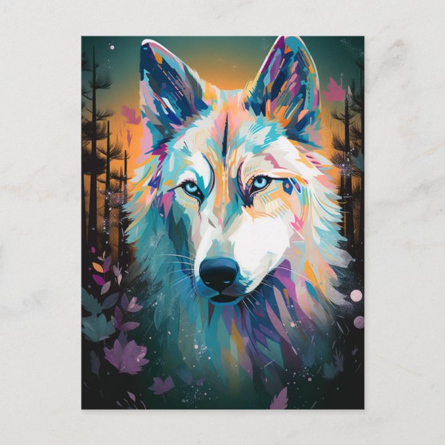 Postal Boho White Wolf Surreal Wildlife Art Postcard (Anverso)