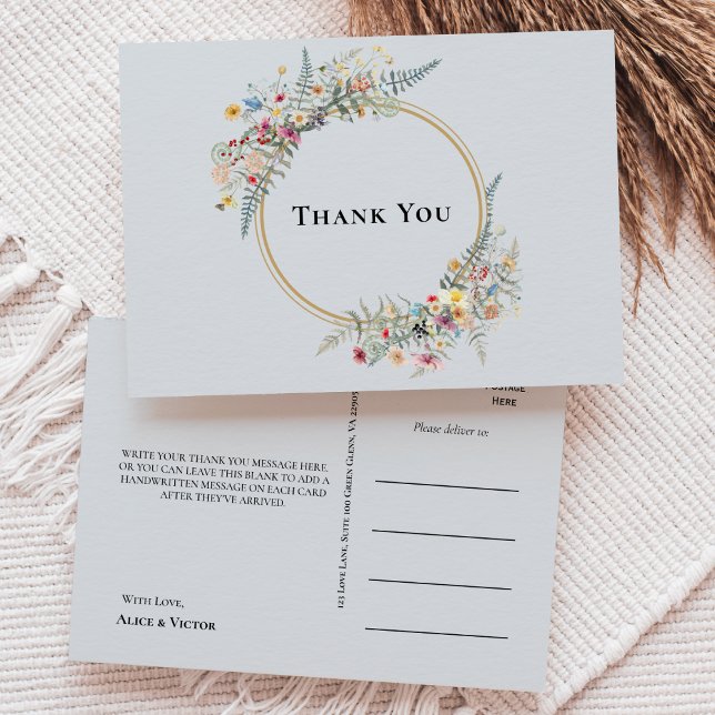 Postal Boho Wildflower Fern Dusty Blue Boda Gracias (Subido por el creador)