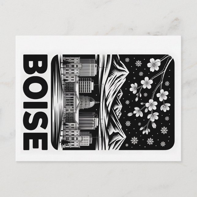 Postal Boise Skyline Black and White Woodcut Winter  (Anverso)