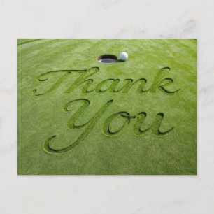 Postal Bola de golf con el texto Gracias en hierba verde