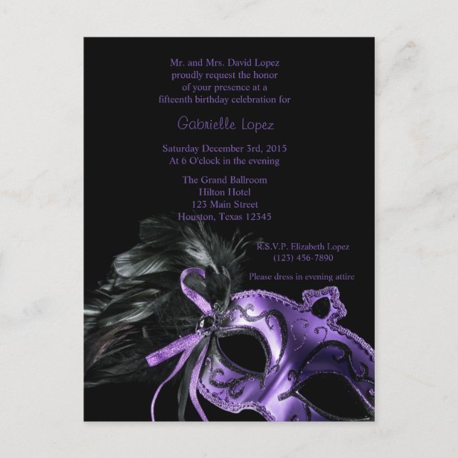 Postal Bola de Mascarada Púrpura Quinceanera 15 años (Anverso)