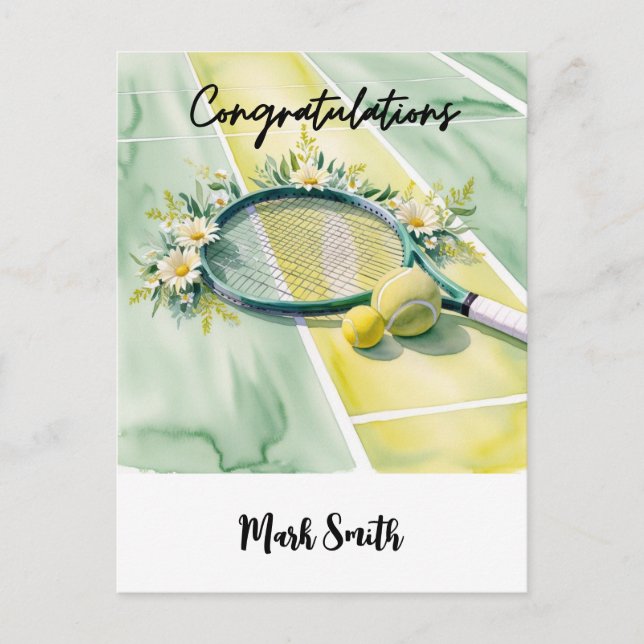 Postal Bola y flores de felicitación con tema de tenis (Anverso)