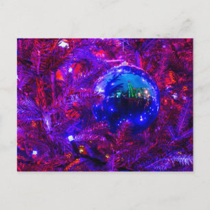 Postal Bolas de Navidades azules, árbol morado