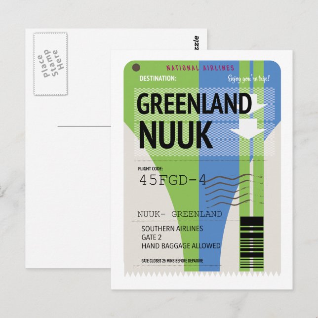 Postal boleto de viaje a Nuuk Groenlandia (Anverso / Reverso)