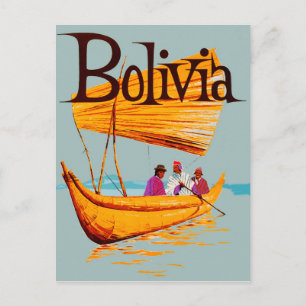 Postal Bolivia, pescadores en el bote, viajes vintage