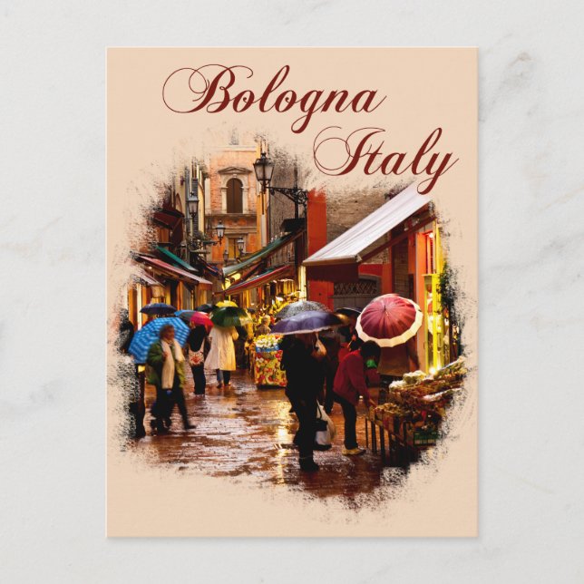 Postal Bolonia, Italia: Comprando en la lluvia (Anverso)