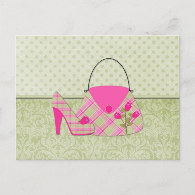 Postal Bolsa y zapato de rosas rosadas de Shabby (2) (Anverso)