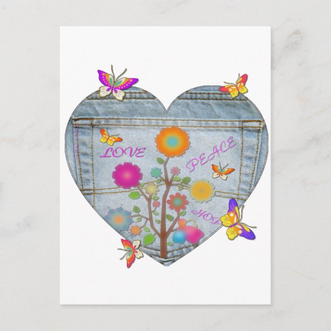 Postal Bolsillo de mezclilla Corazón Flores Mariposas (Anverso)