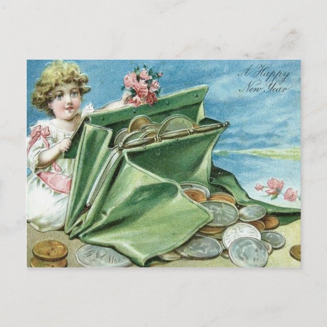 Postal Bolso de niña monedas dinero rosa (Anverso)