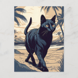 Postal Bombay-Cat en una playa tropical al atardecer