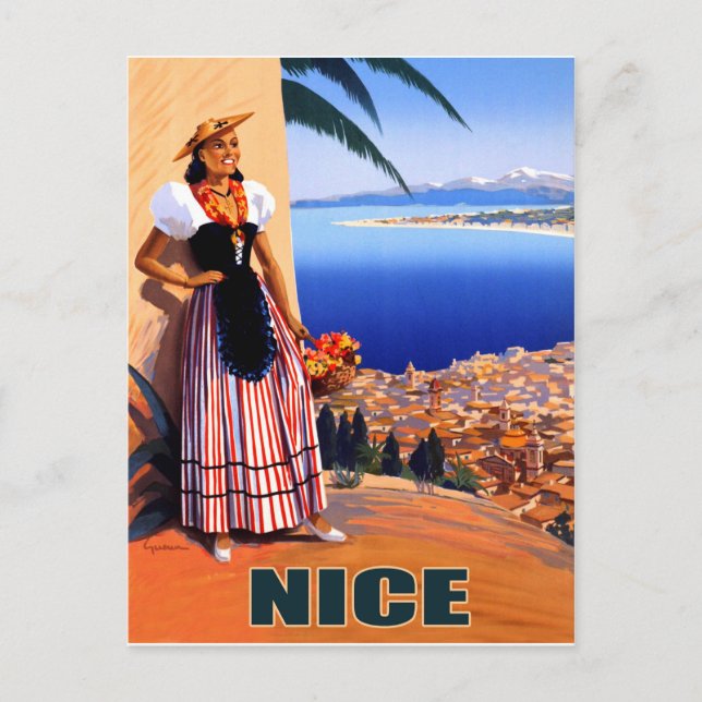 Postal Bonita, mujer está mirando la riviera francesa, vi (Anverso)