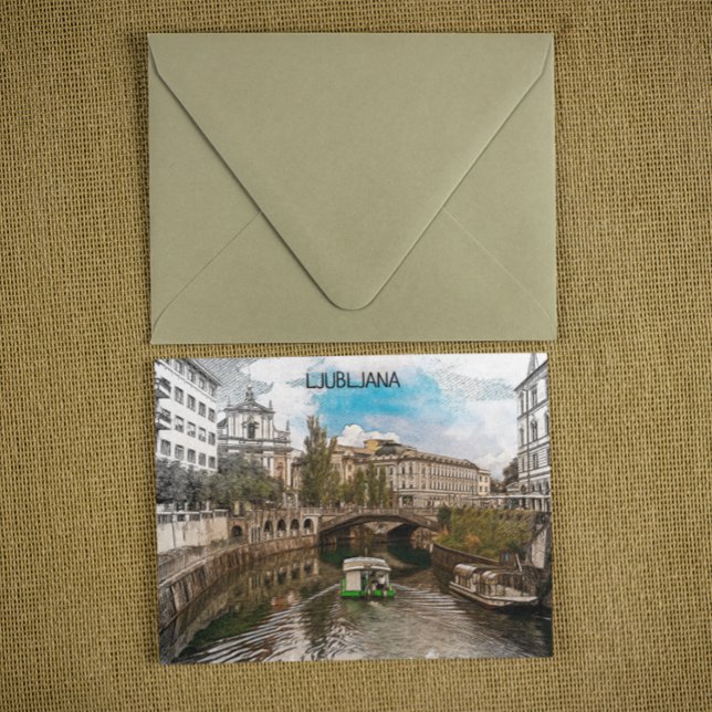Postal Bonita vista panorámica de Ljubljana Eslovenia (Stylish Ljubljana Slovenia vintage travel postcard)