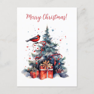 Postal Bonito árbol de Navidad con gráfico de pájaro