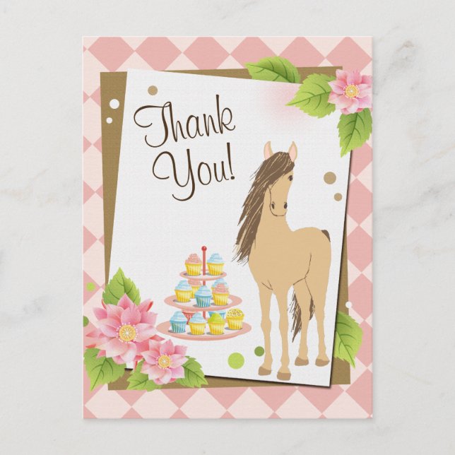 Postal Bonito Brown Horse and Pink Flowers Gracias (Anverso)