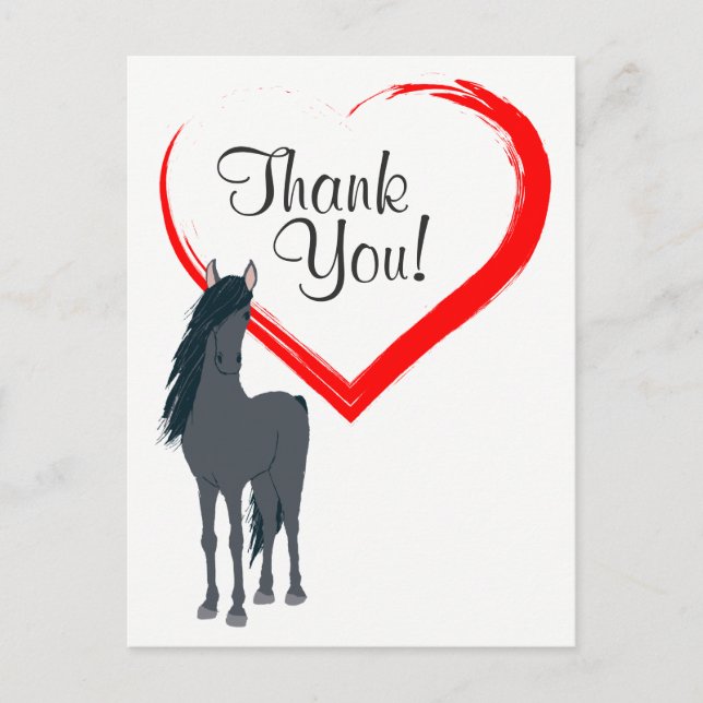 Postal Bonito Caballo Negro y Corazón Rojo Gracias (Anverso)
