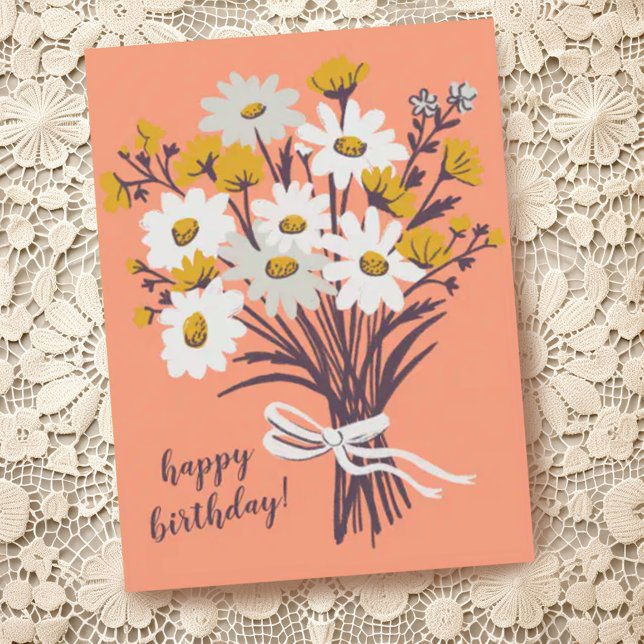 Postal Bonito Daisy Bouquet PERSONALIZADO Feliz cumpleaño (Happy birthday postcard with hand drawn floral bouquet, customize with your own text)