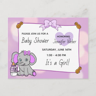 Postal Bonito Elefante Púrpura Chica Baby Shower